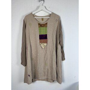 Staley Gretzinger Womens Boho Embroidered Tunic Top Large 3/4 Sleeve Beige Artsy